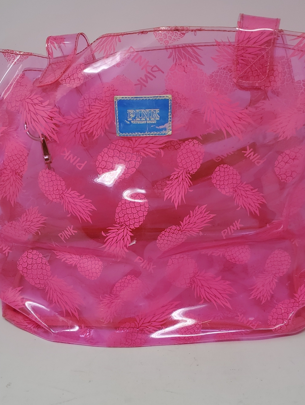 PINK Victoria's Secret Hot Pink Tote with Blue Logo Patch